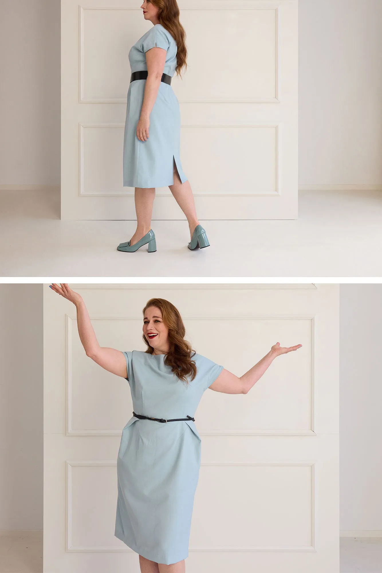37-4 Waisted dress with overlapping shoulders