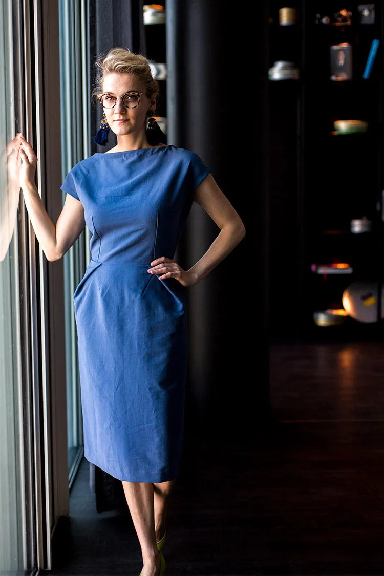 37-4 Waisted dress with overlapping shoulders
