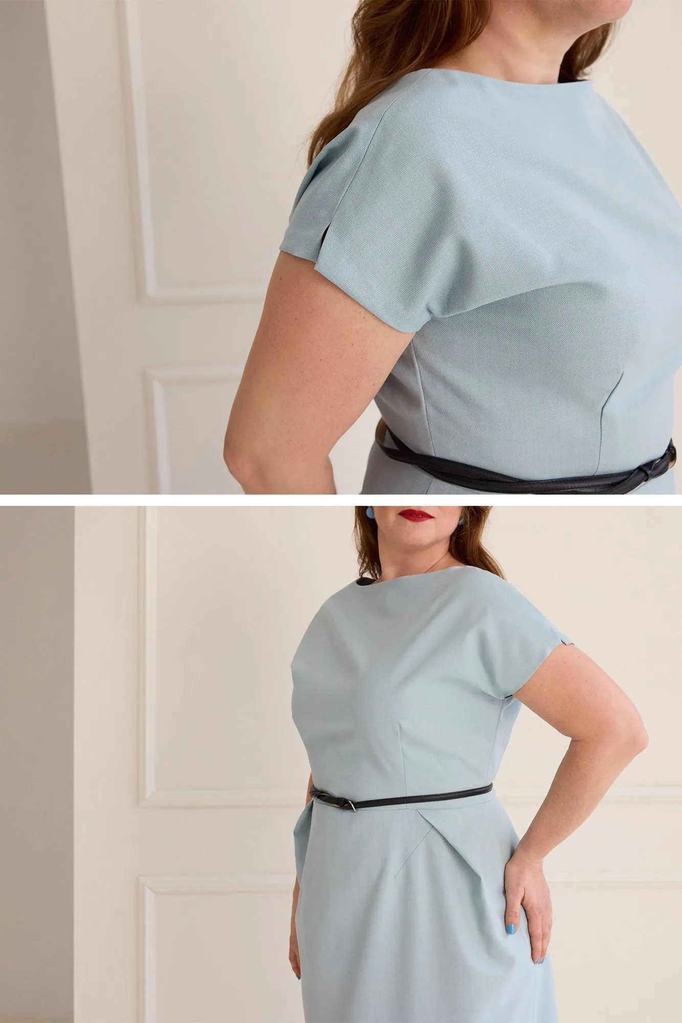 37-4 Waisted dress with overlapping shoulders