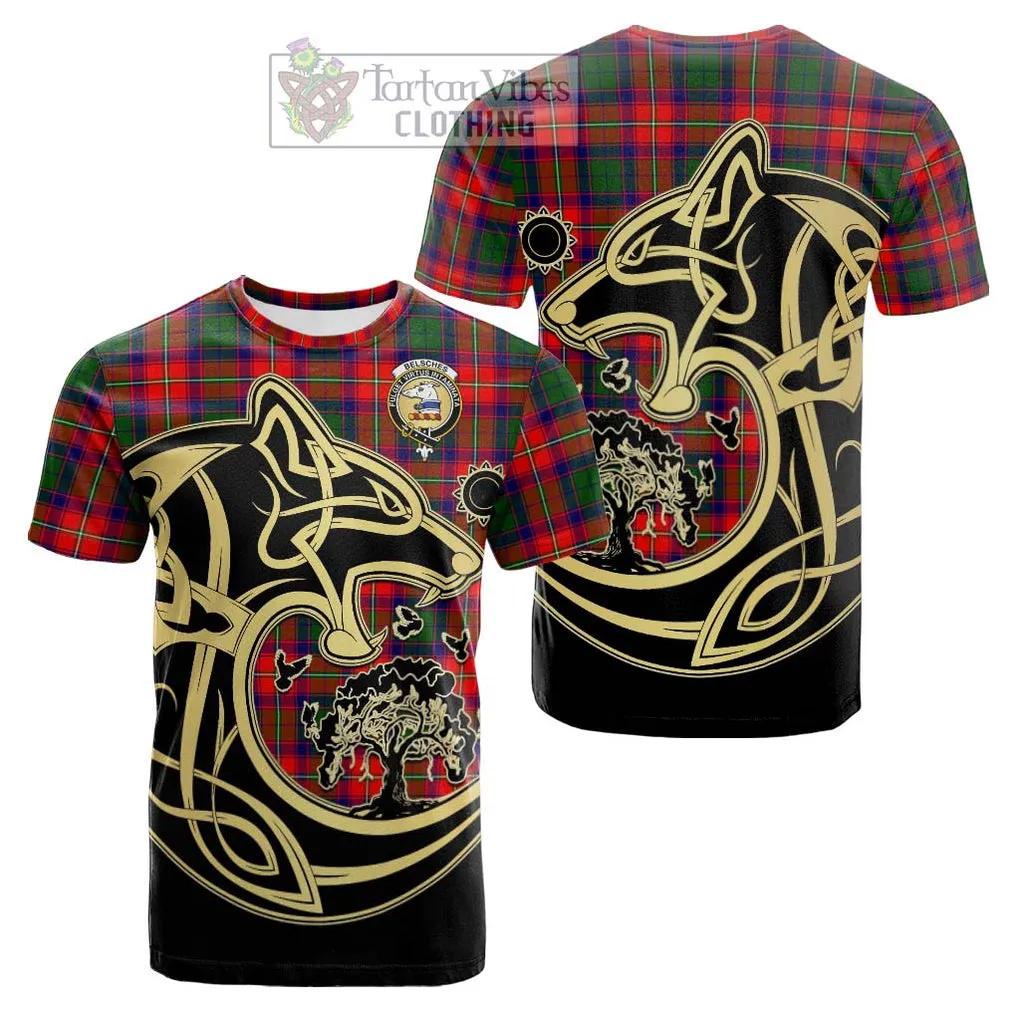 Belsches Tartan Cotton T-shirt with Family Crest Celtic Wolf Style