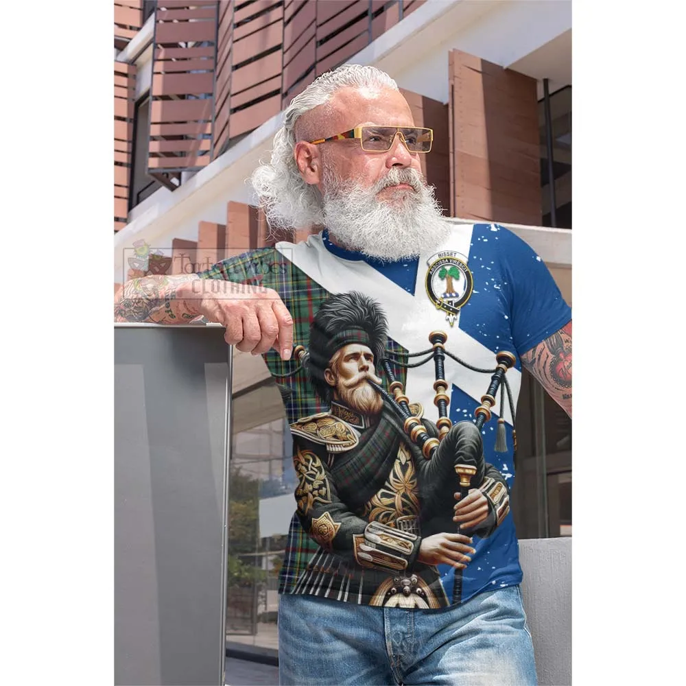 Bisset Tartan Cotton T-shirt with Family Crest Scottish Bagpiper Vibes
