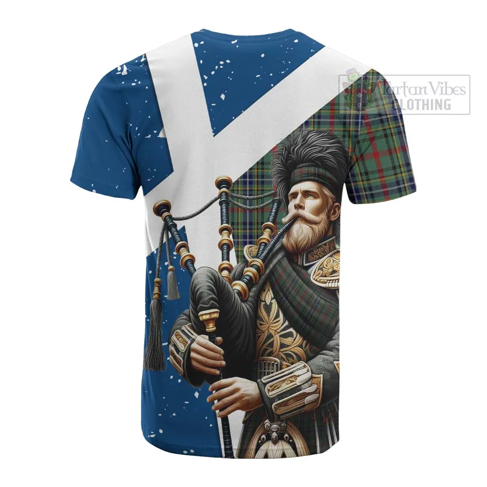 Bisset Tartan Cotton T-shirt with Family Crest Scottish Bagpiper Vibes
