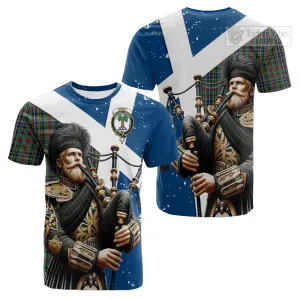 Bisset Tartan Cotton T-shirt with Family Crest Scottish Bagpiper Vibes