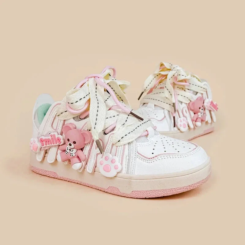 Bright Pink Bear Everday White Sneakers - Women's