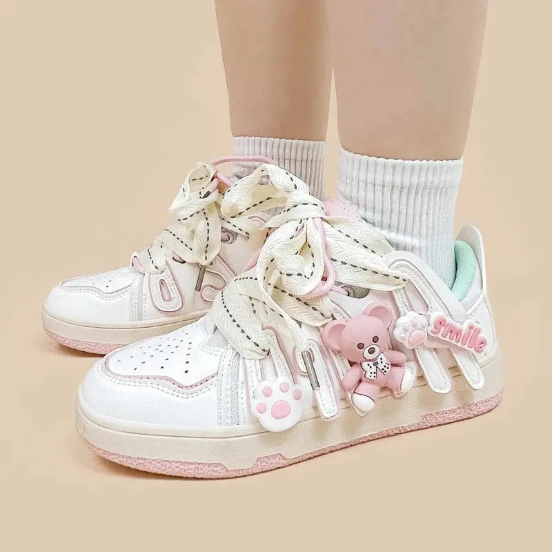 Bright Pink Bear Everday White Sneakers - Women's