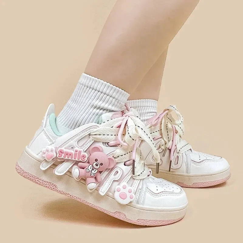 Bright Pink Bear Everday White Sneakers - Women's