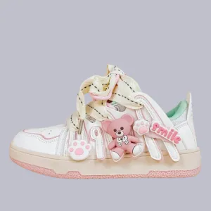 Bright Pink Bear Everday White Sneakers - Women's