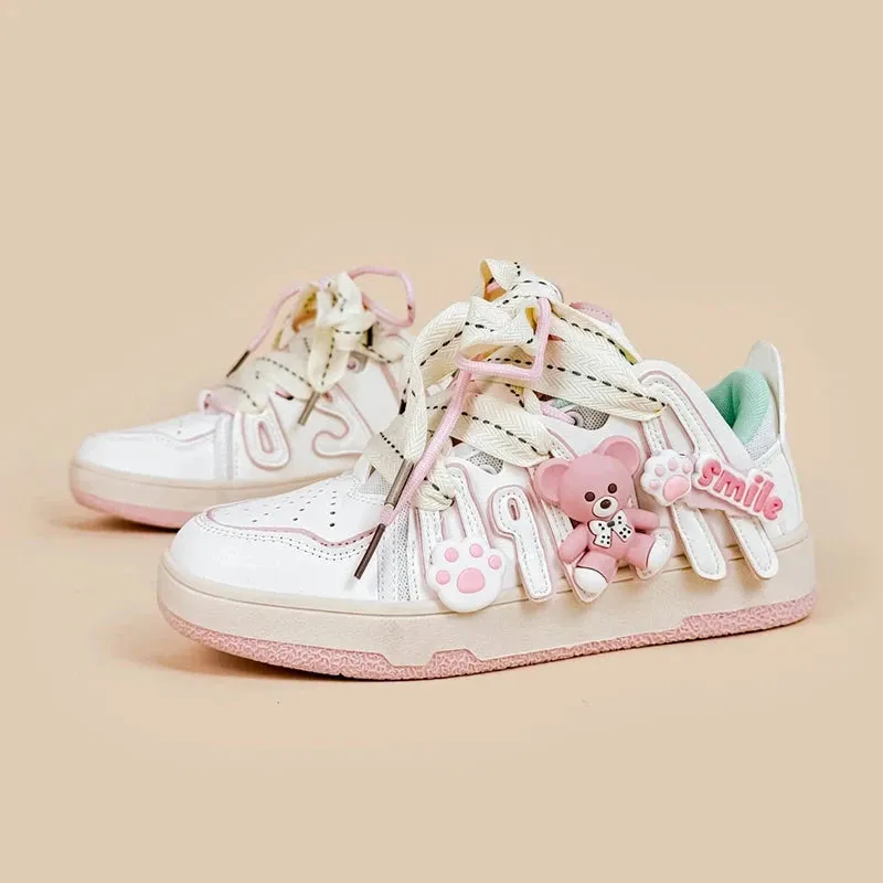 Bright Pink Bear Everday White Sneakers - Women's