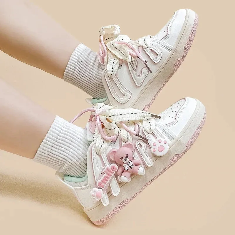 Bright Pink Bear Everday White Sneakers - Women's