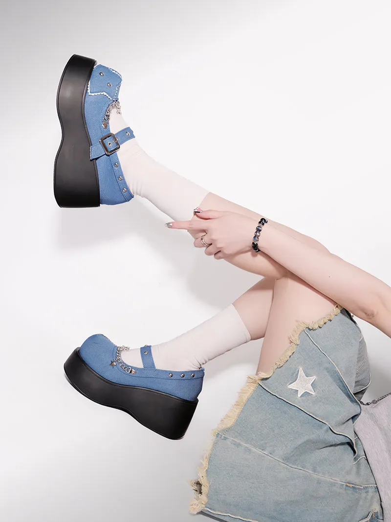 Buckle Star Toe Platform Denim One Punk Round Shoes
