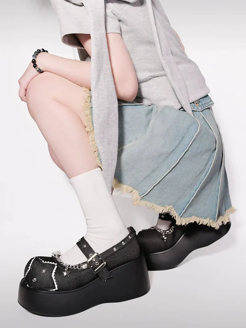 Buckle Star Toe Platform Denim One Punk Round Shoes