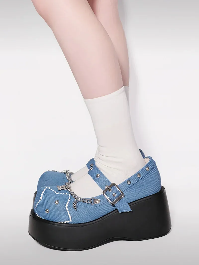 Buckle Star Toe Platform Denim One Punk Round Shoes