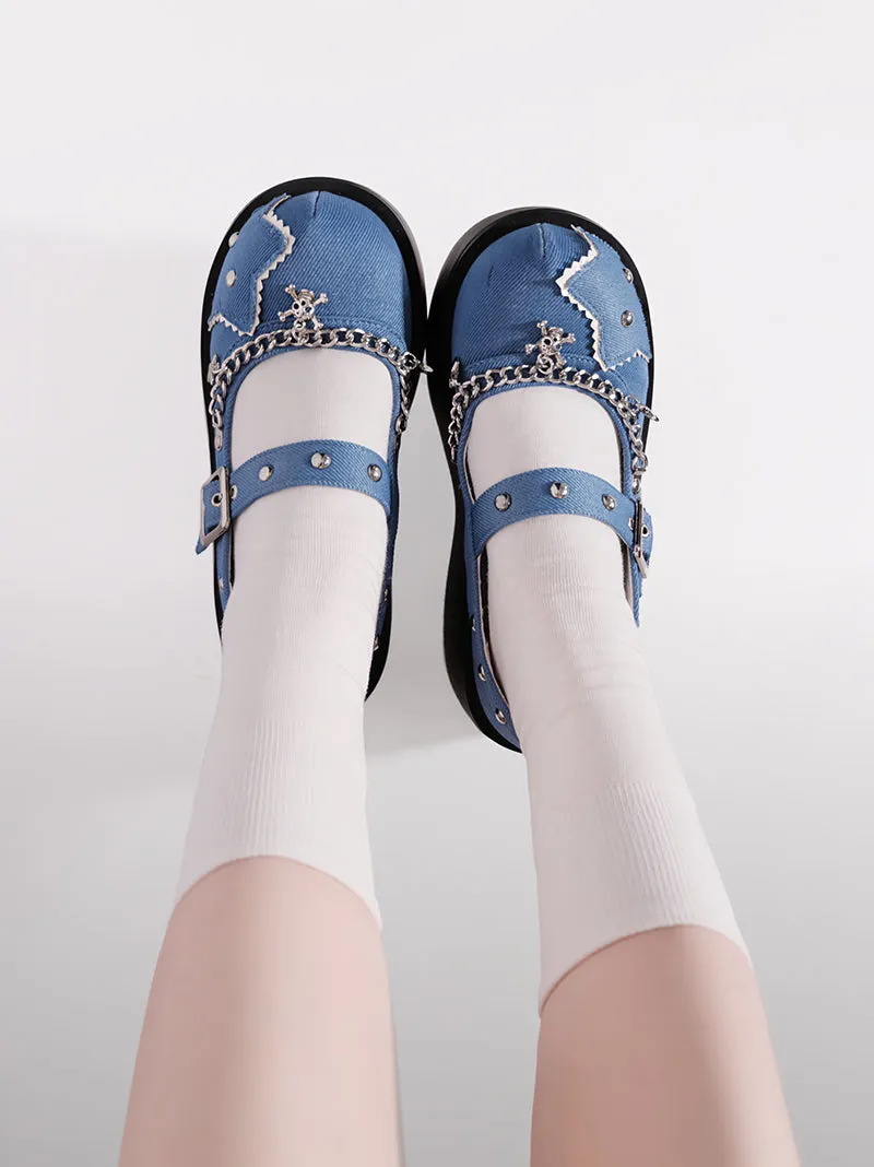 Buckle Star Toe Platform Denim One Punk Round Shoes