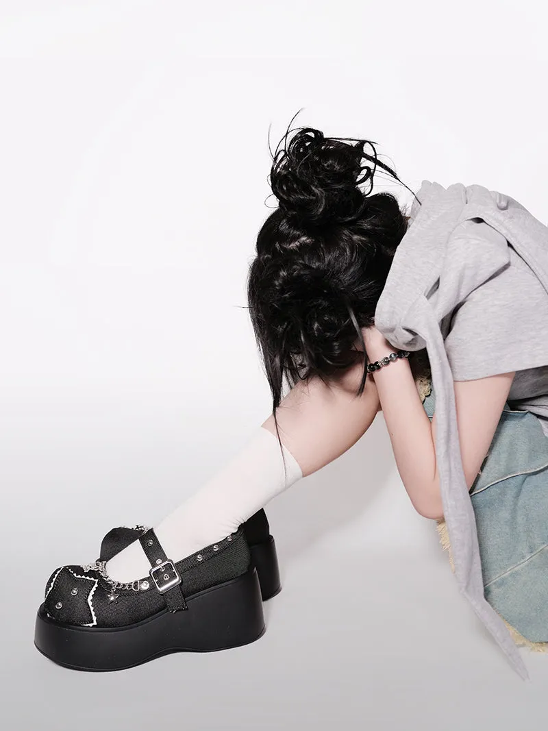 Buckle Star Toe Platform Denim One Punk Round Shoes