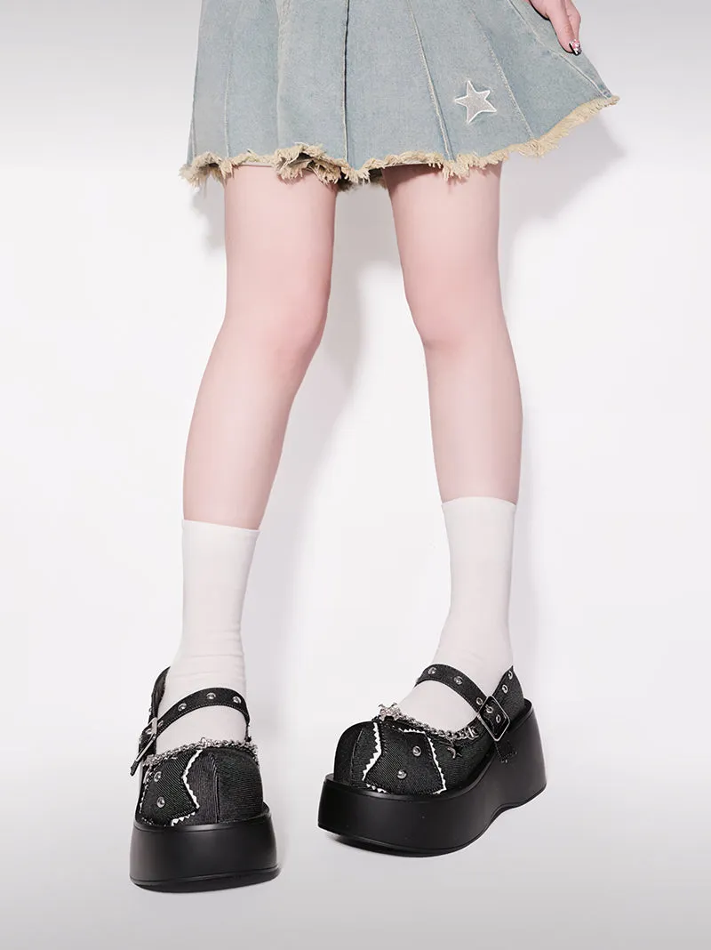 Buckle Star Toe Platform Denim One Punk Round Shoes
