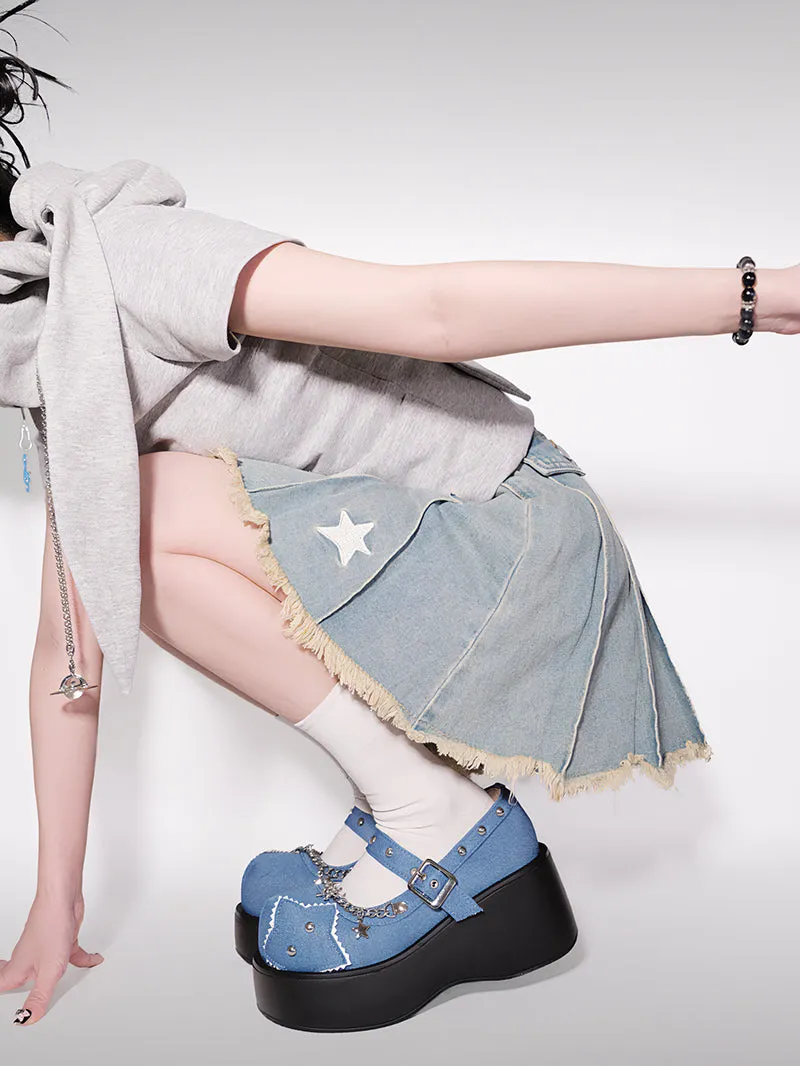 Buckle Star Toe Platform Denim One Punk Round Shoes