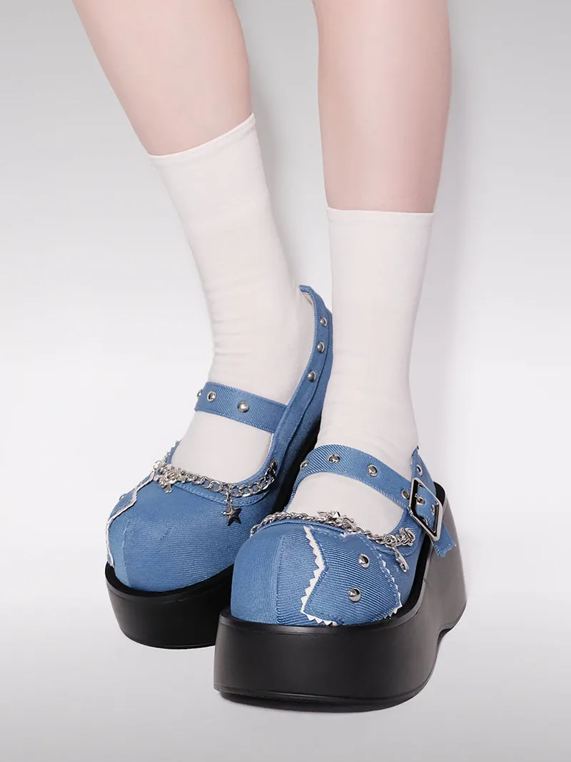 Buckle Star Toe Platform Denim One Punk Round Shoes