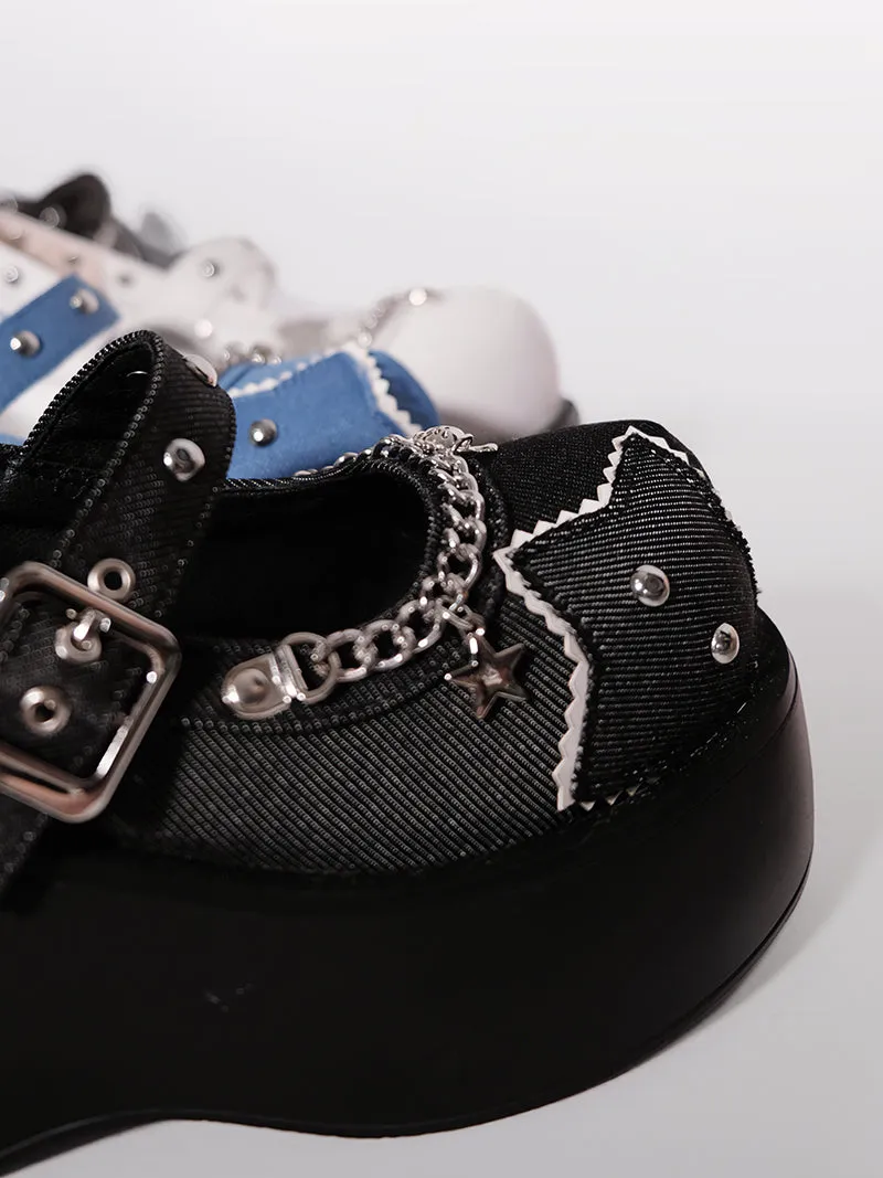 Buckle Star Toe Platform Denim One Punk Round Shoes