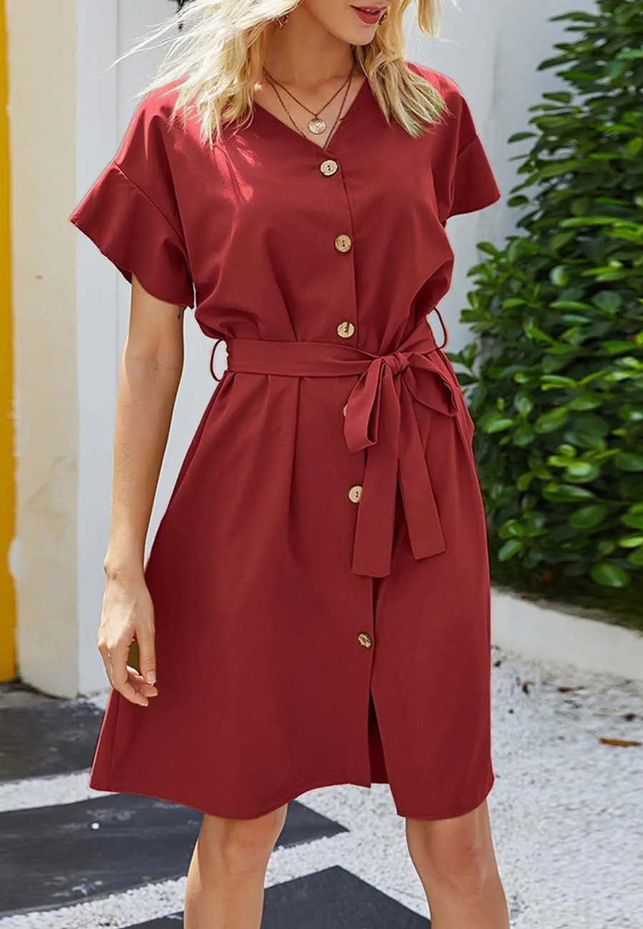 Button Down Ribbon Belt Dress