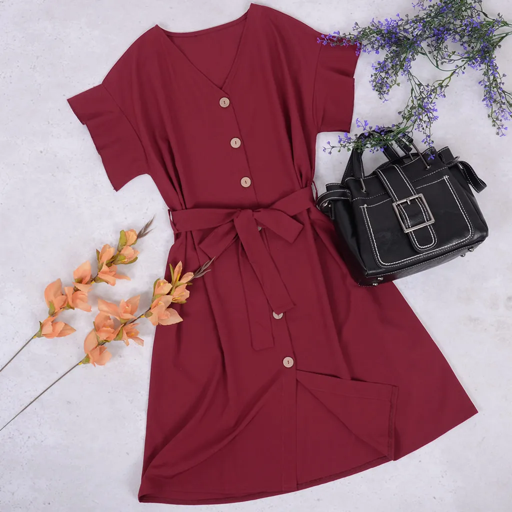 Button Down Ribbon Belt Dress
