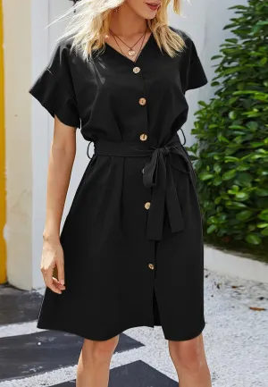 Button Down Ribbon Belt Dress