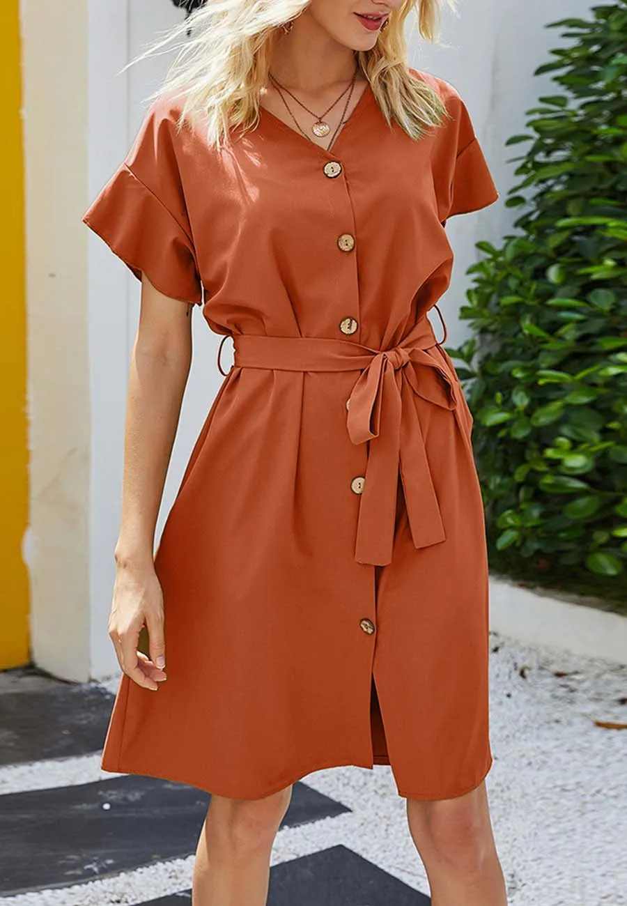 Button Down Ribbon Belt Dress