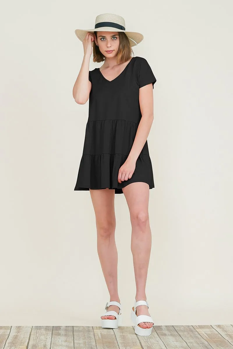 Casual Ruffle layred Babydoll V Neck Loose Mini Cotton Dress by RolyPoly Apparel