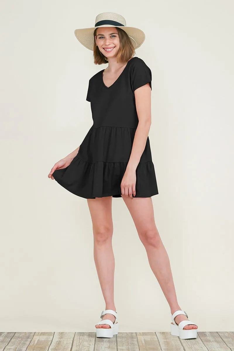 Casual Ruffle layred Babydoll V Neck Loose Mini Cotton Dress by RolyPoly Apparel