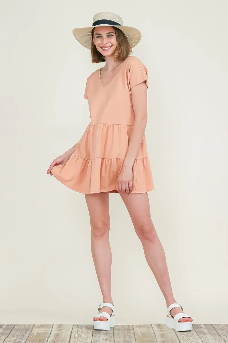 Casual Ruffle layred Babydoll V Neck Loose Mini Cotton Dress by RolyPoly Apparel