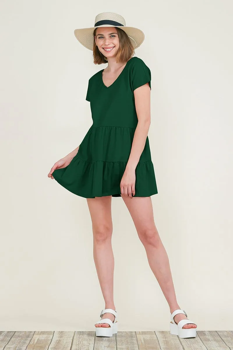 Casual Ruffle layred Babydoll V Neck Loose Mini Cotton Dress by RolyPoly Apparel