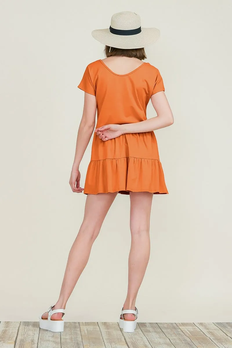 Casual Ruffle layred Babydoll V Neck Loose Mini Cotton Dress by RolyPoly Apparel