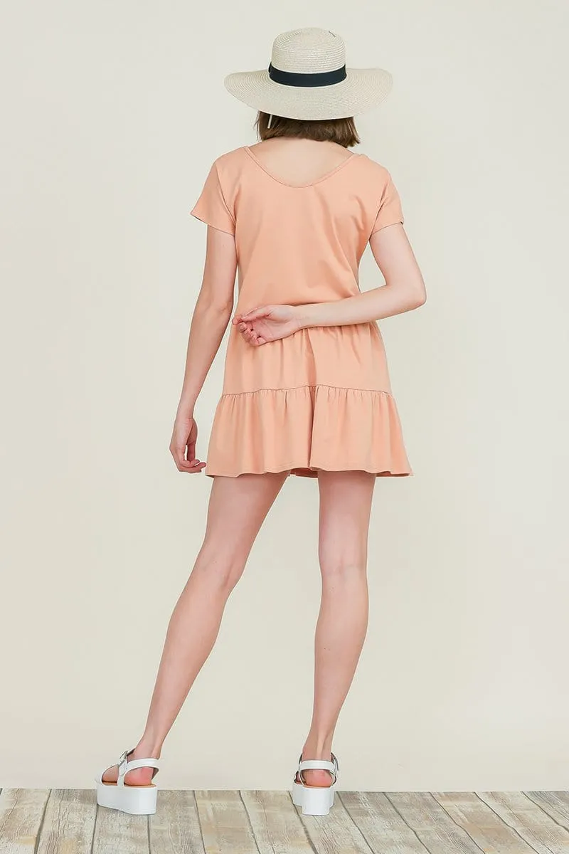 Casual Ruffle layred Babydoll V Neck Loose Mini Cotton Dress by RolyPoly Apparel