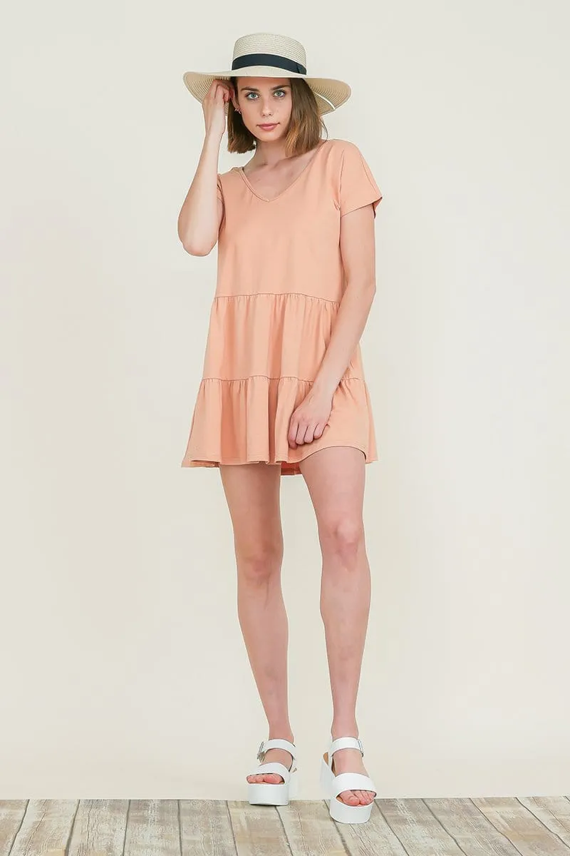 Casual Ruffle layred Babydoll V Neck Loose Mini Cotton Dress by RolyPoly Apparel