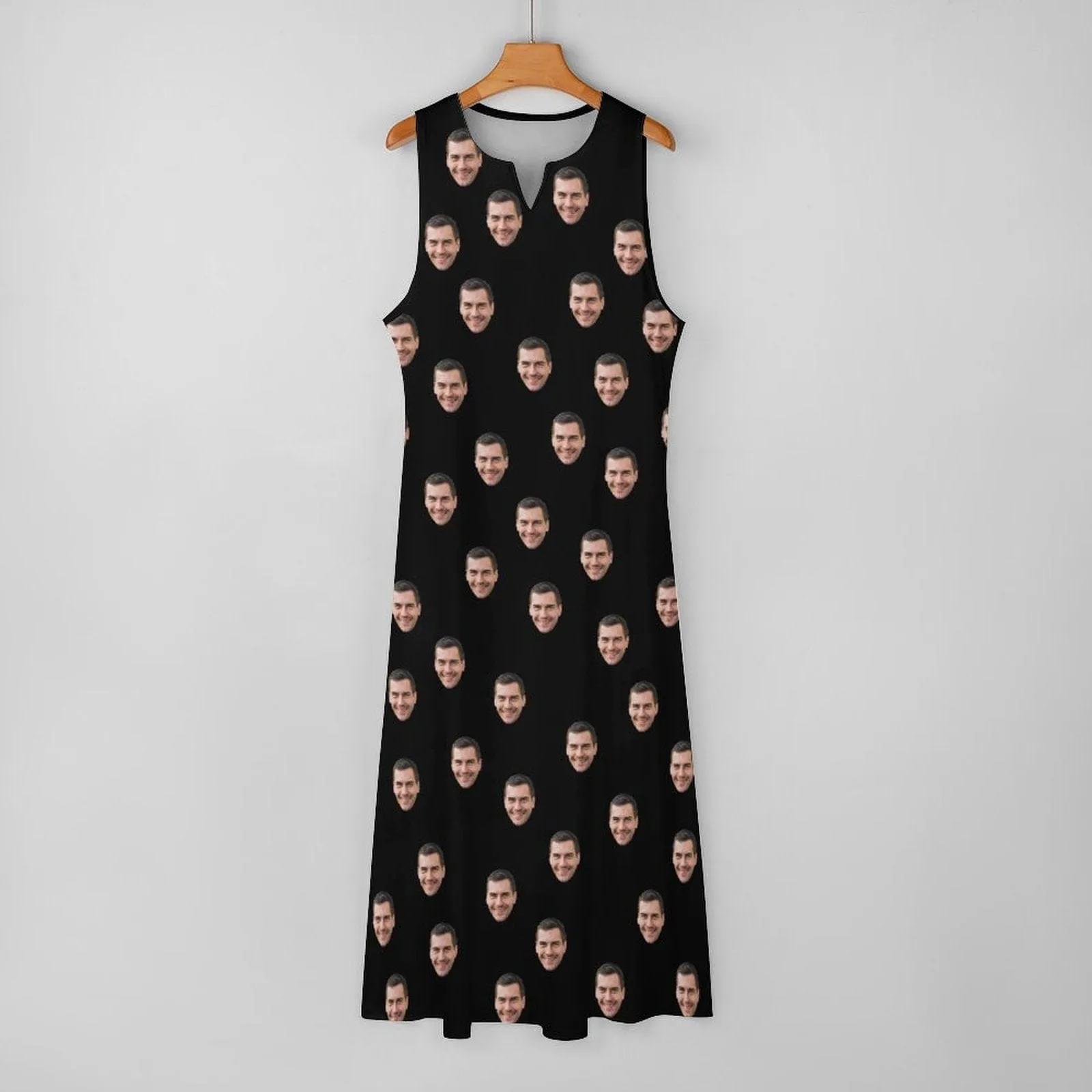 Custom Face Black Sleeveless Summer Dress with Pocket Personalized Women's Long Dress