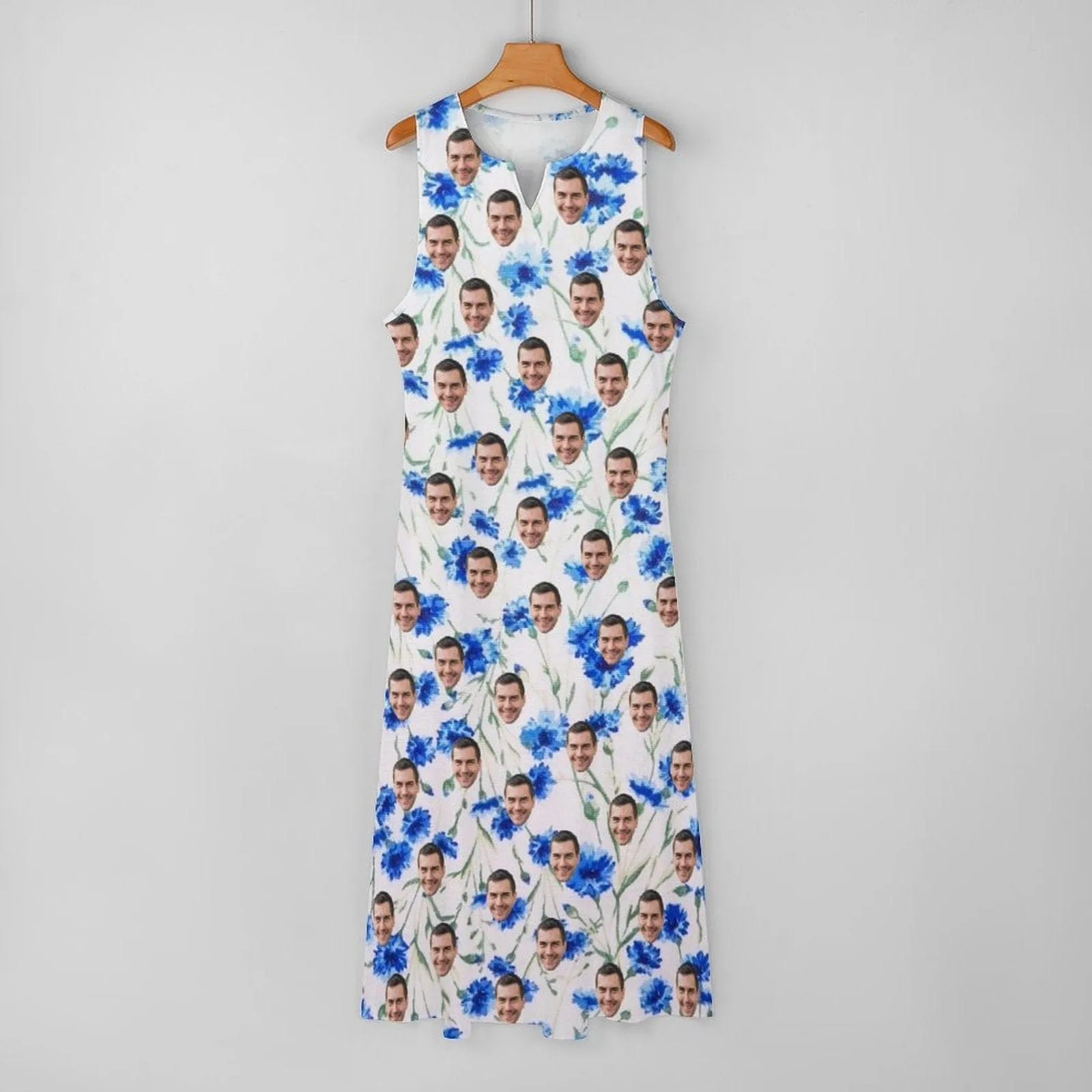 Custom Face Blue Flowers Sleeveless Summer Dress with Pocket Personalized Women's Long Dress