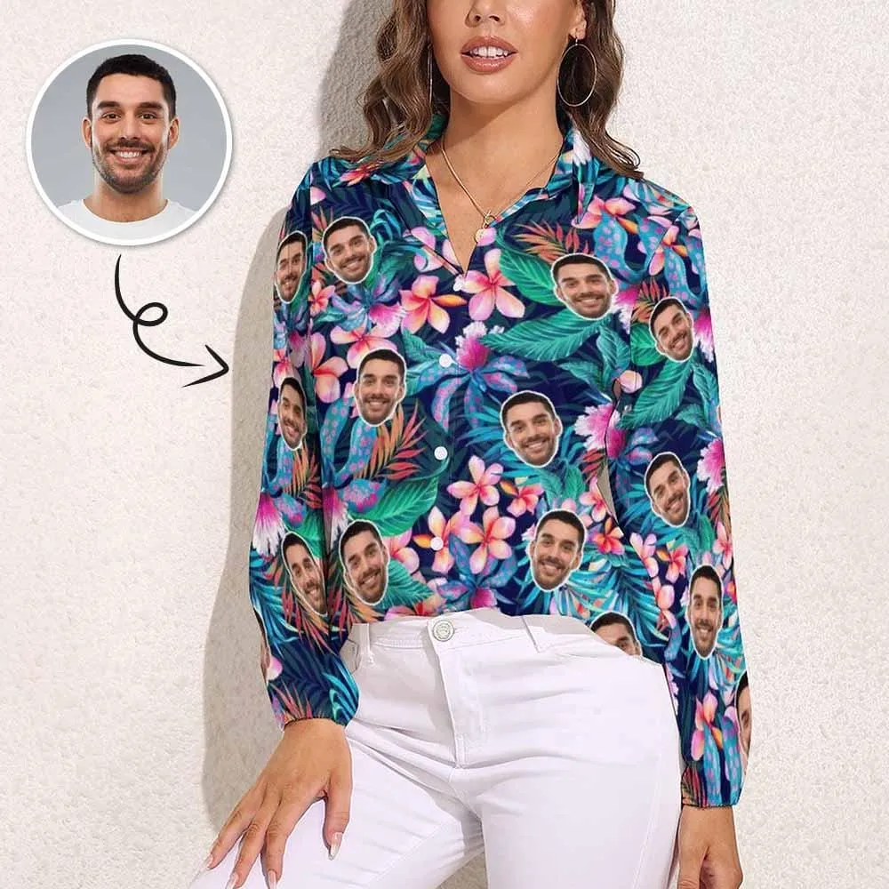 Custom Face Flower Tropical Printing Personalized Shirts Personalise Photo Long Sleeve Shirt Put Your Face on Custom Shirt