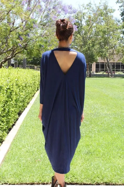 Deep Back Cut Out 3/4 Sleeve Blue Cocoon Style Dress