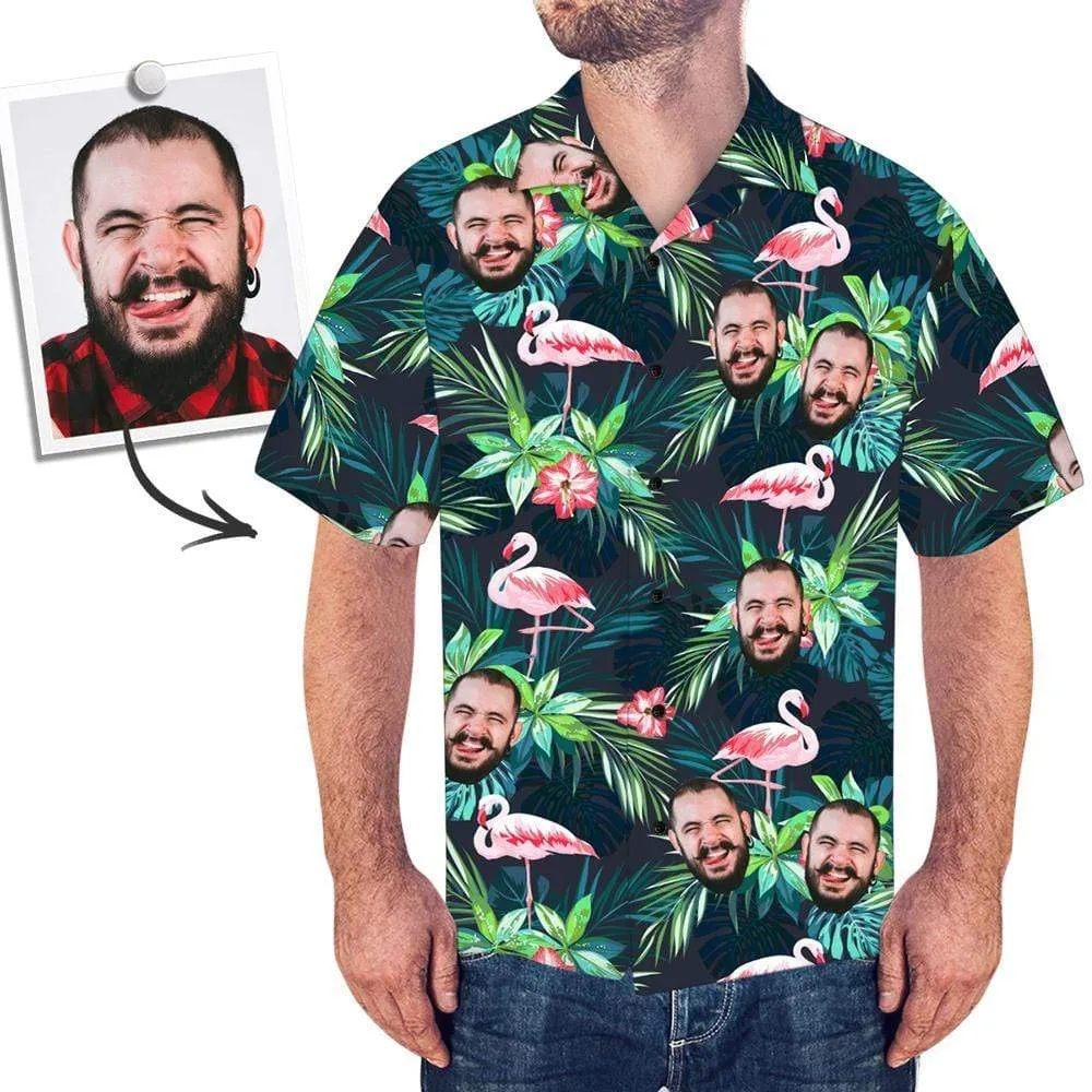 Face Hawaiian Shirt - Leaves & Flamingo Pattern