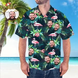 Face Hawaiian Shirt - Leaves & Flamingo Pattern