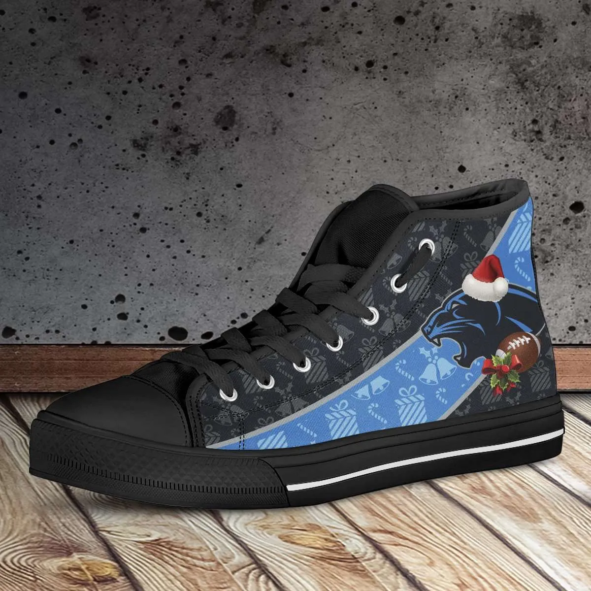 fans of the Carolina Panthers Christmas Football Pattern Canvas High Top Shoes