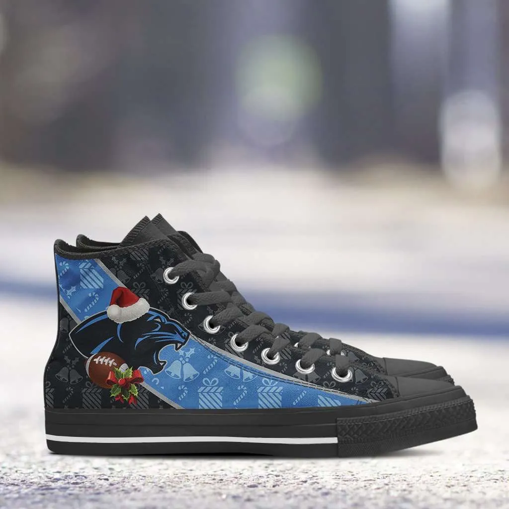 fans of the Carolina Panthers Christmas Football Pattern Canvas High Top Shoes
