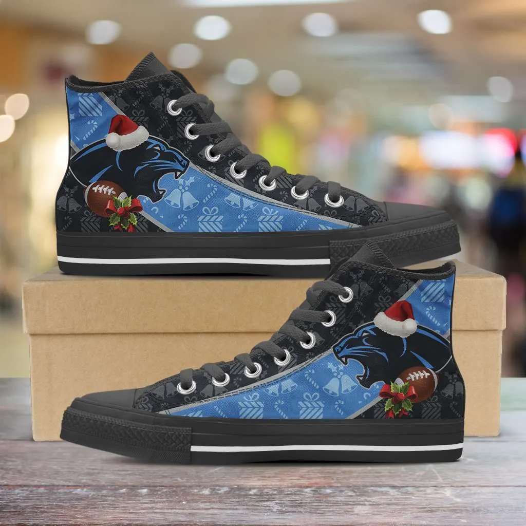 fans of the Carolina Panthers Christmas Football Pattern Canvas High Top Shoes