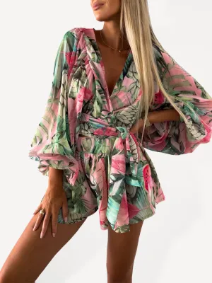 Floral Playsuit with Lantern Sleeves