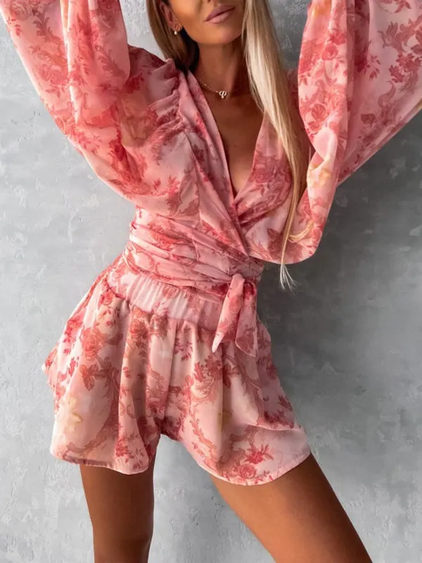 Floral Playsuit with Lantern Sleeves