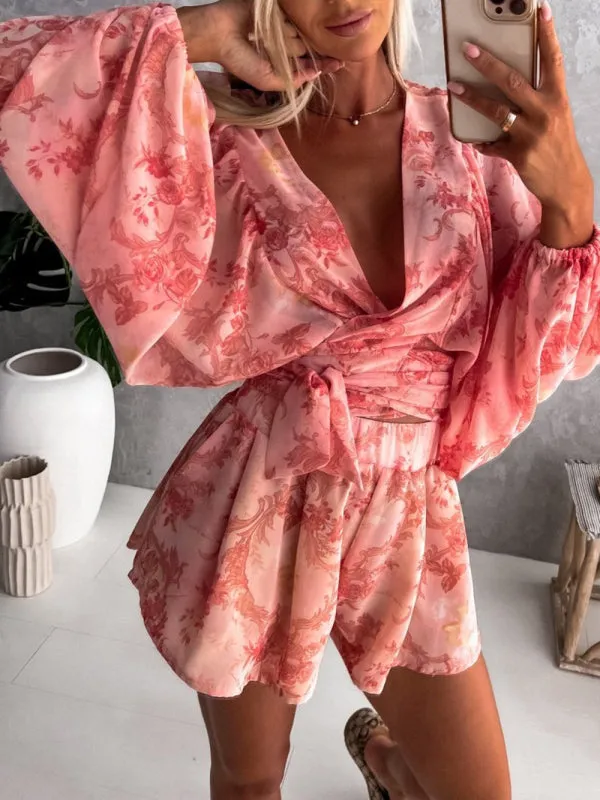 Floral Playsuit with Lantern Sleeves