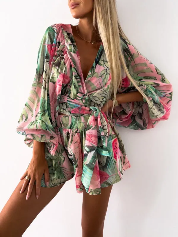 Floral Playsuit with Lantern Sleeves