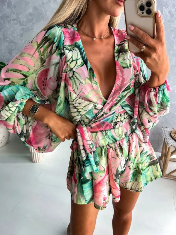 Floral Playsuit with Lantern Sleeves