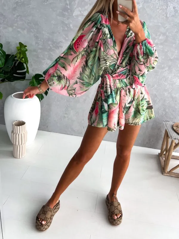 Floral Playsuit with Lantern Sleeves