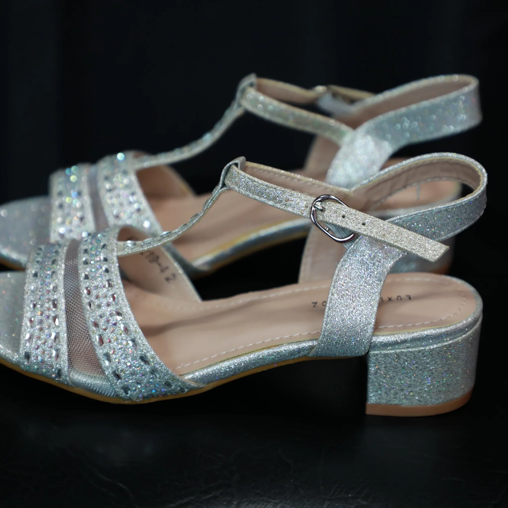 Flower Girl Open Toe low Heel Sandals 02- Silver