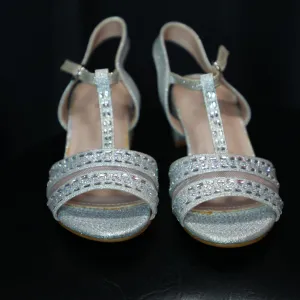 Flower Girl Open Toe low Heel Sandals 02- Silver
